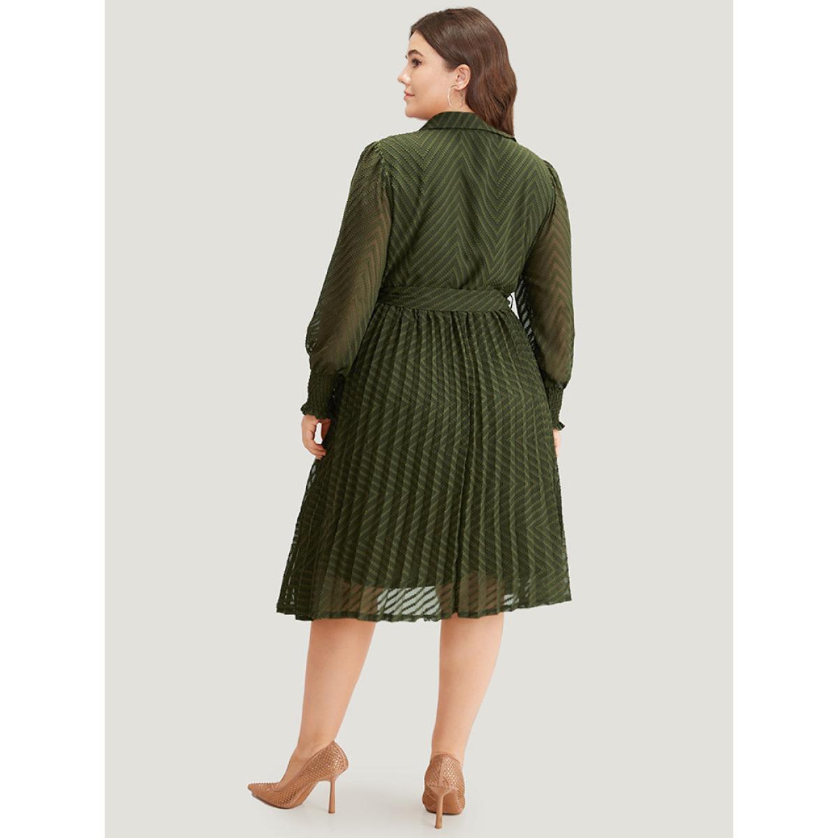 Plus Size Shirred Belted Pocket Shirt Collar Button Through Dress ArmyGreen Women Office Elastic cuffs Shirt collar Long Sleeve Curvy Midi Dress BloomChic 14-16/1X Product Image