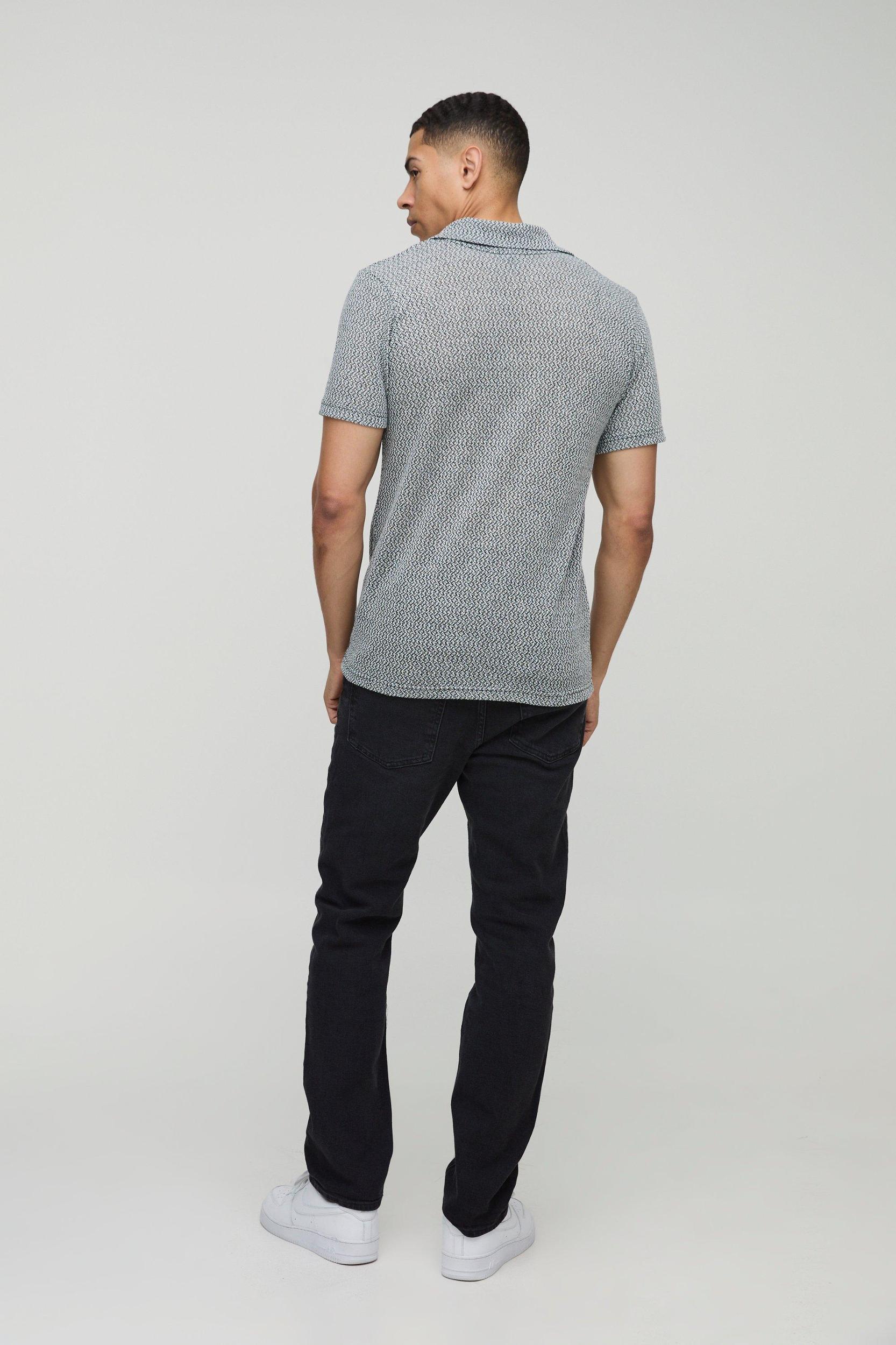 Slim Fit Textured Jacquard Revere Polo | boohooMAN USA Product Image