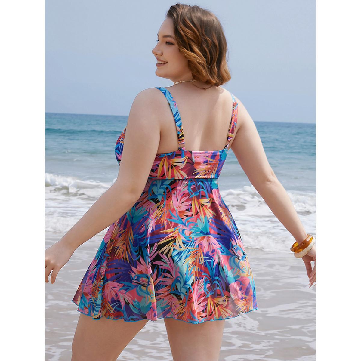 Plus Size Tropical Print Ruffles Split Front Swim Dress Women's Swimwear Multicolor Vacation Bodycon Round Neck High stretch Curve Swim Dresses BloomChic 14-16/1X Product Image