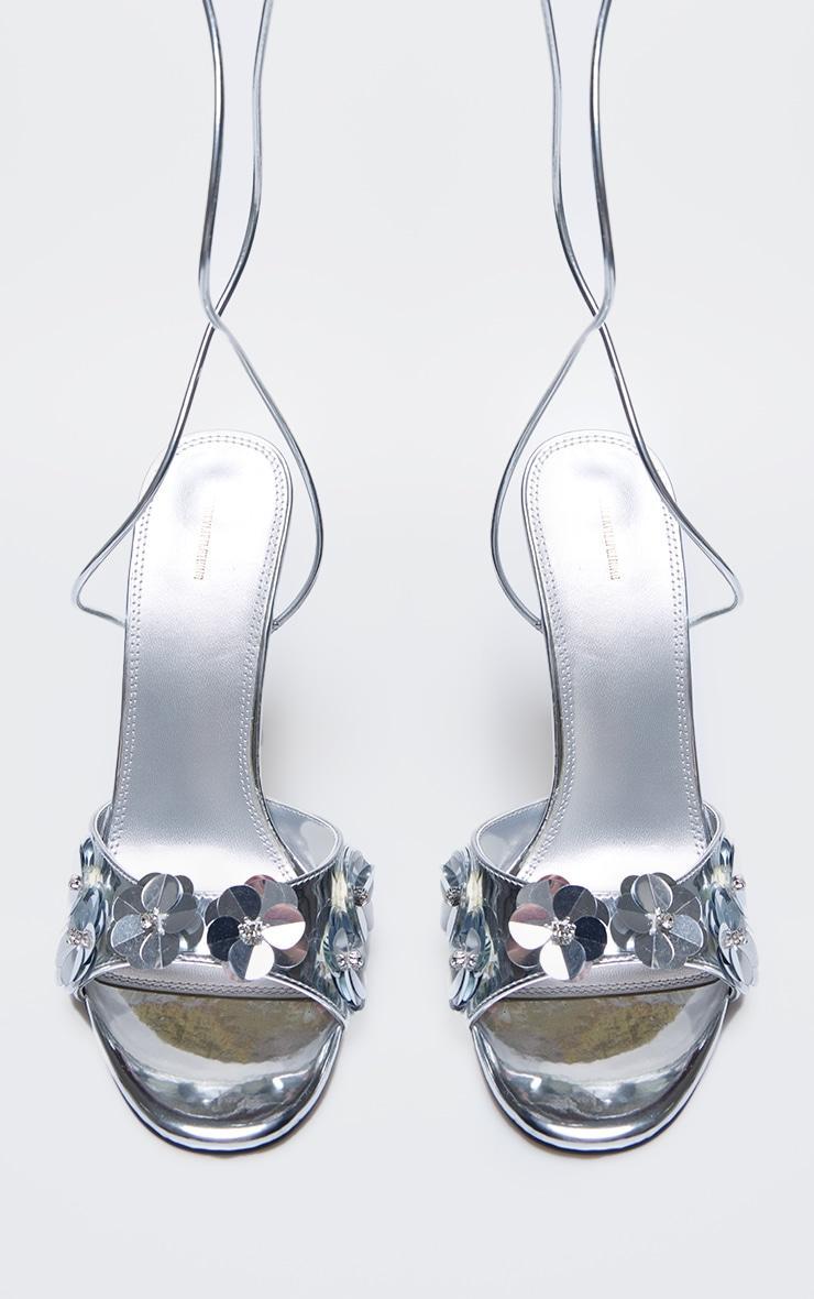 Silver PU Round Toe Sequin Flower Lace Up Heeled Sandals Product Image