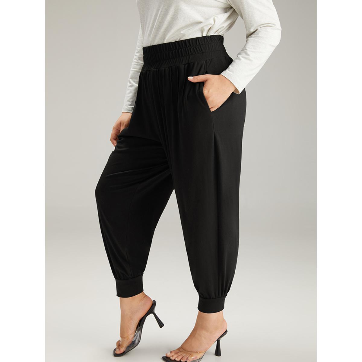 Solid Shirred Pocket Harem Sweatpants Black Plus Size Women Casual Dailywear Tummy control 28/5X Bloomchic Product Image
