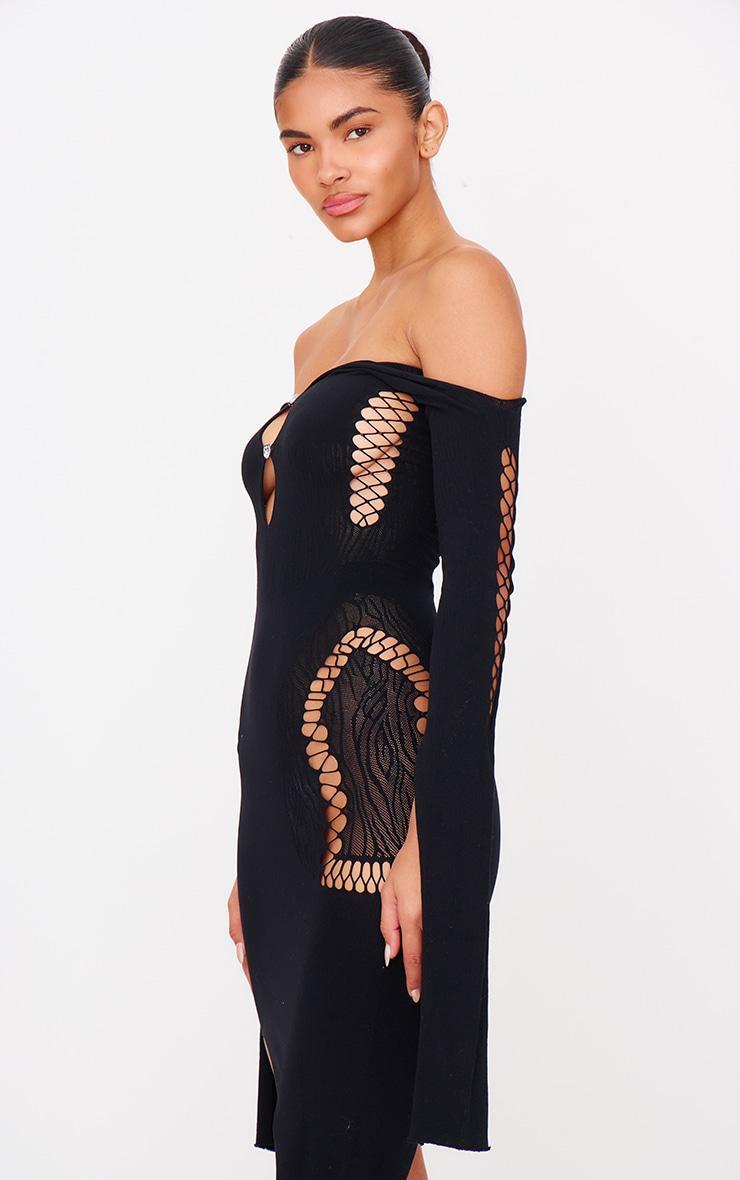 Black Sheer Cut Out Long Sleeve Midi Dress Product Image