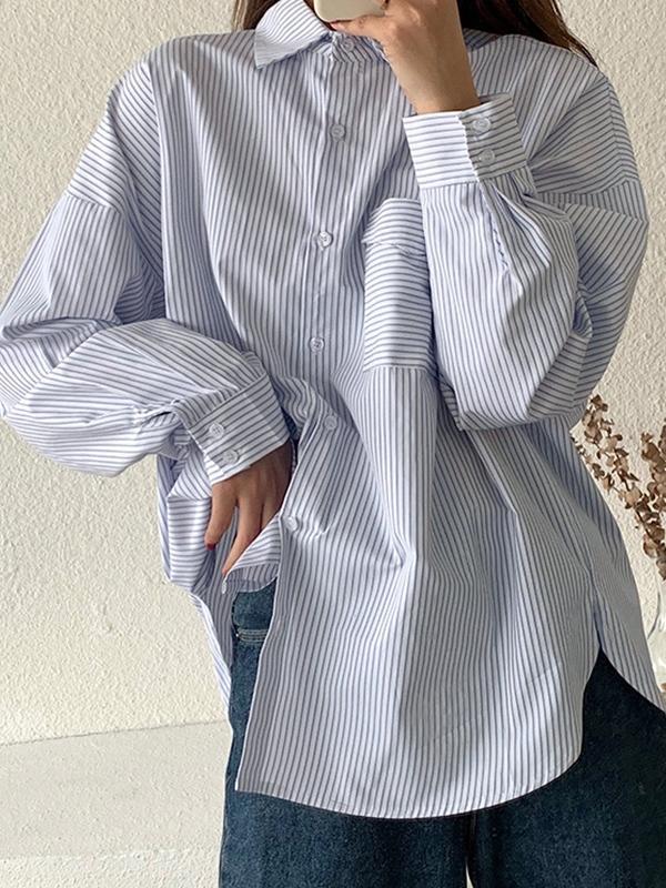 Versatile Striped Long Sleeve Blouse Product Image