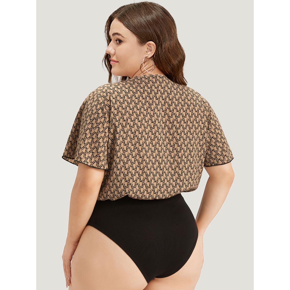 Plus Size Graphic Print Surplice Neck Ruffle Sleeve Bodysuit Women LightBrown Graphic Wrap Bodysuits BloomChic 26/4X Product Image
