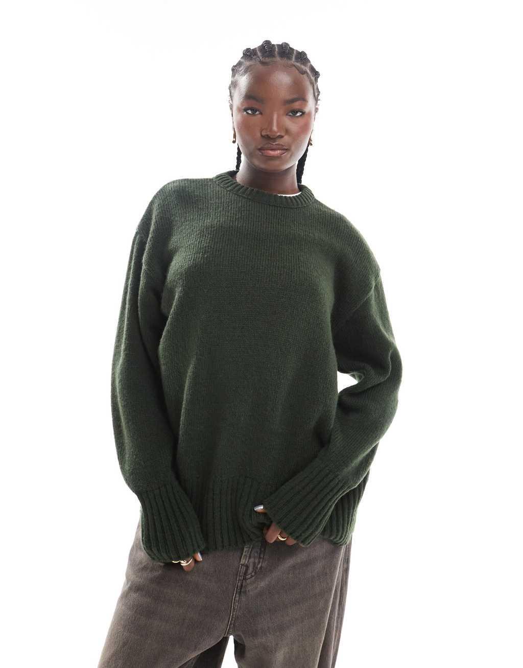 ASOS DESIGN knit chunky sweater in dark green Product Image
