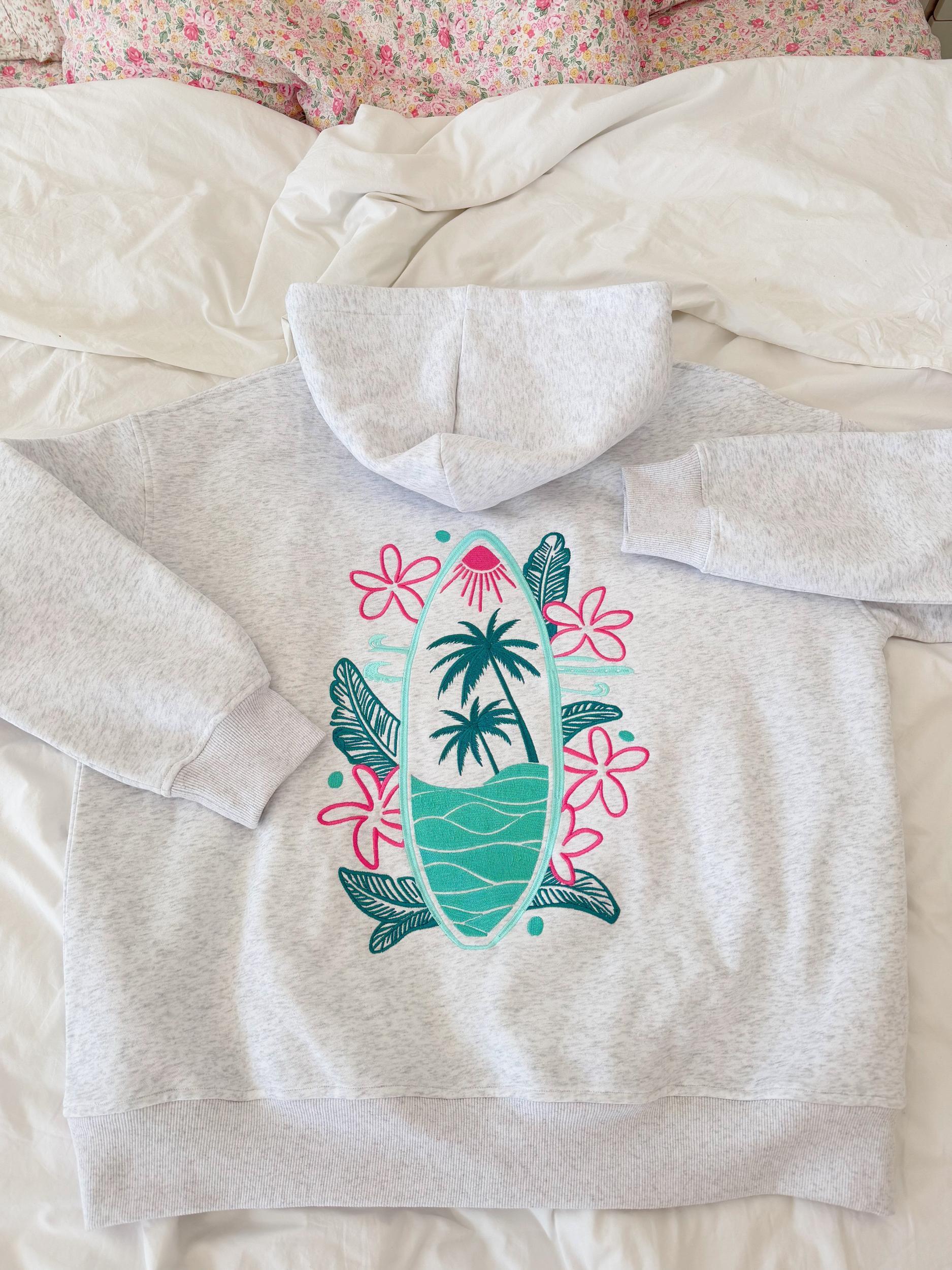 Pearl Grey Surfing The Waves Embroider Hoodie Product Image