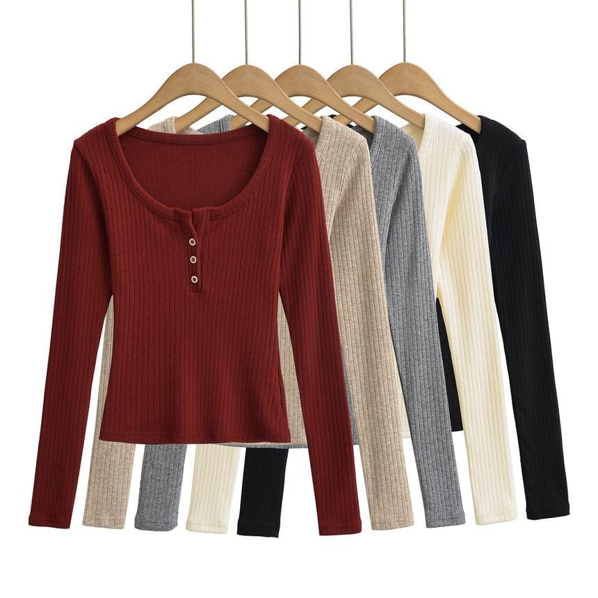Long Sleeve Scoop Neck Plain Button Ribbed Top Product Image
