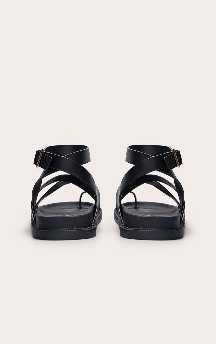 Black Pu Round Toe Ankle Strap Footbed Sandals Product Image