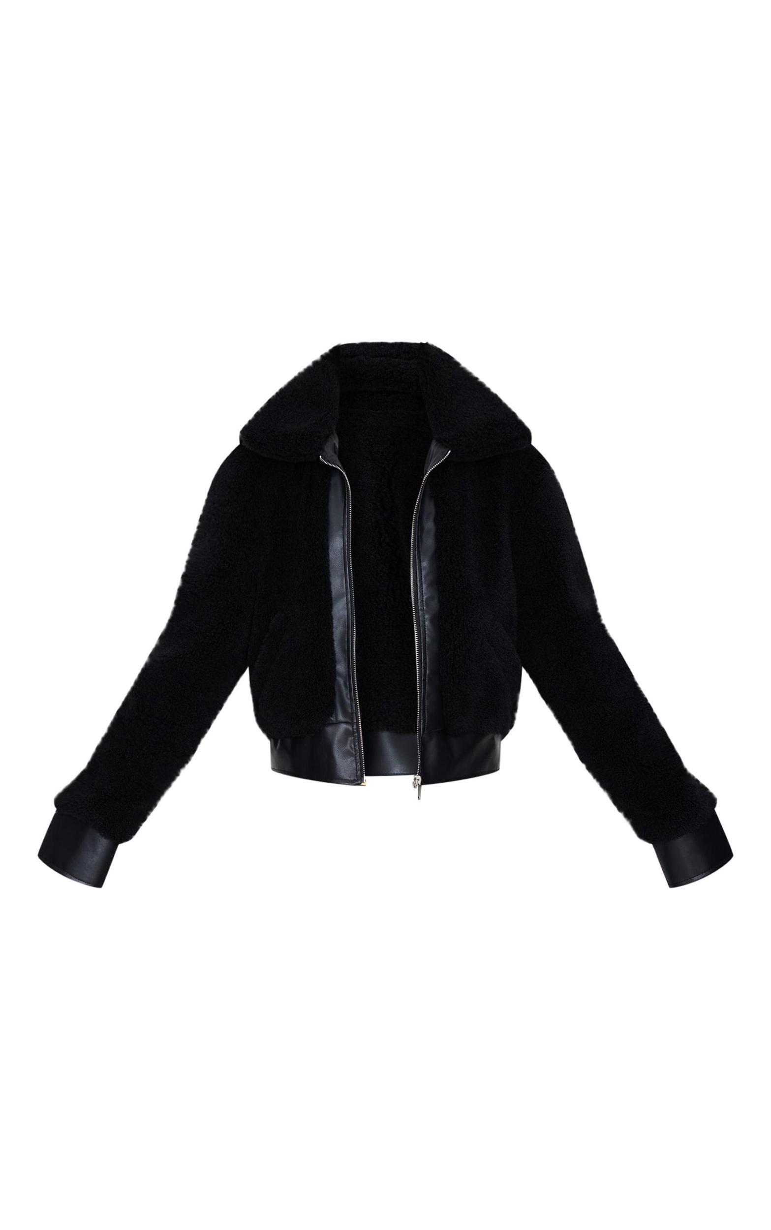 Black Plush Faux Fur Contrast Faux Leather Zip Up Jacket Product Image
