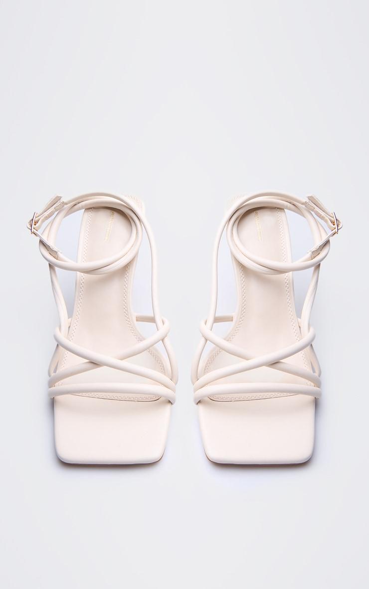 Cream PU Square Toe Tube Strappy Mid Stiletto Heeled Sandals Product Image