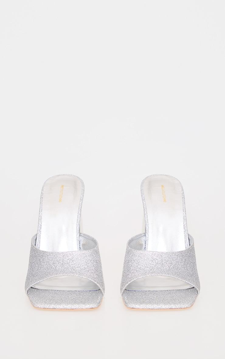 Silver PU Square Toe Thick High Block Heeled Mules Product Image