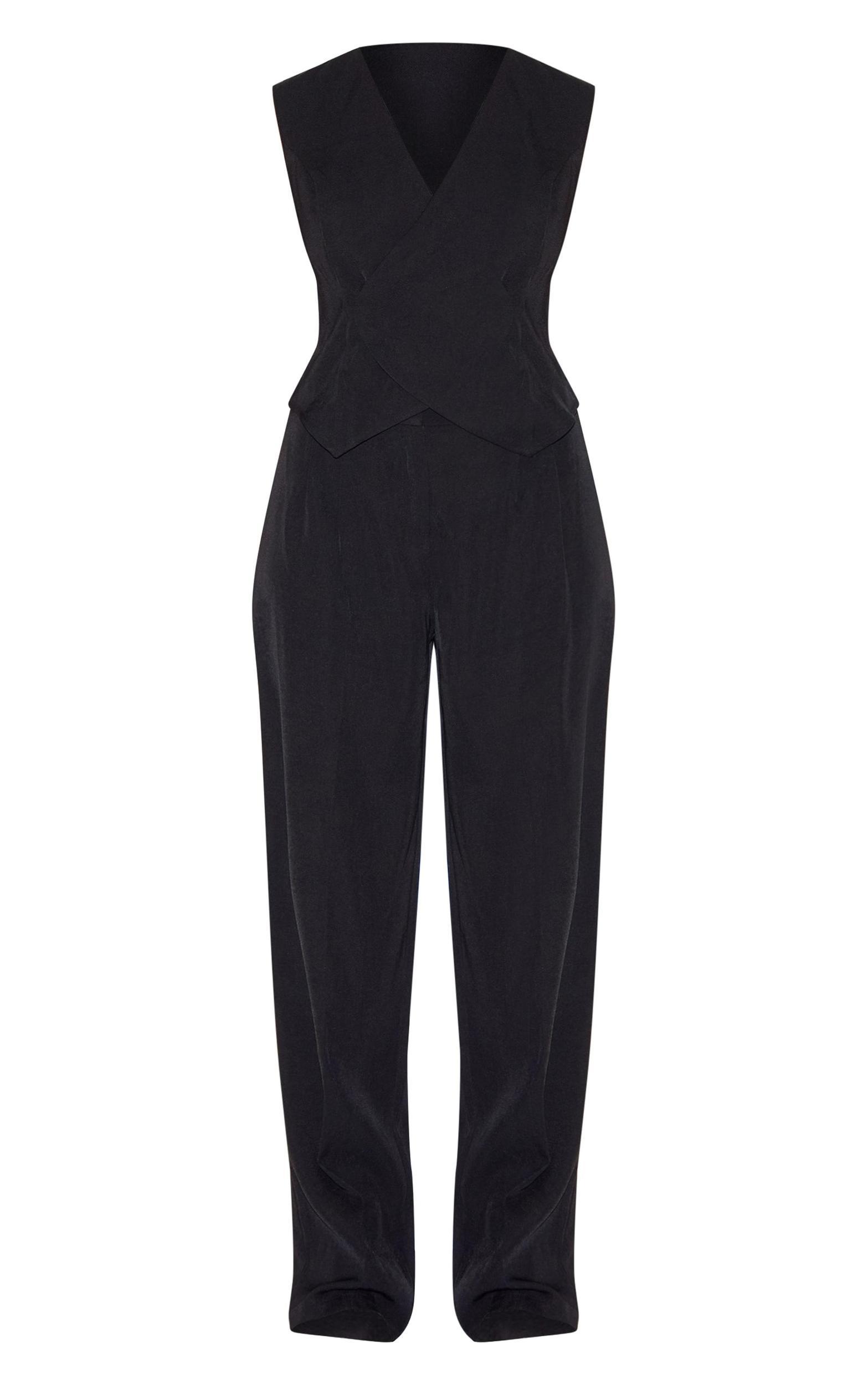 Black Woven Asymmetric Detail Vest Straight Leg Jumpsuit Product Image