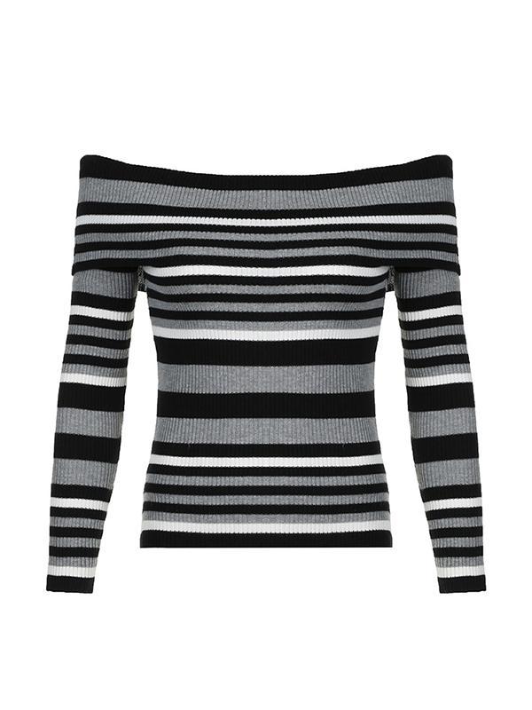 Contrast Color Striped Off Shoulder Slim Sweater Product Image