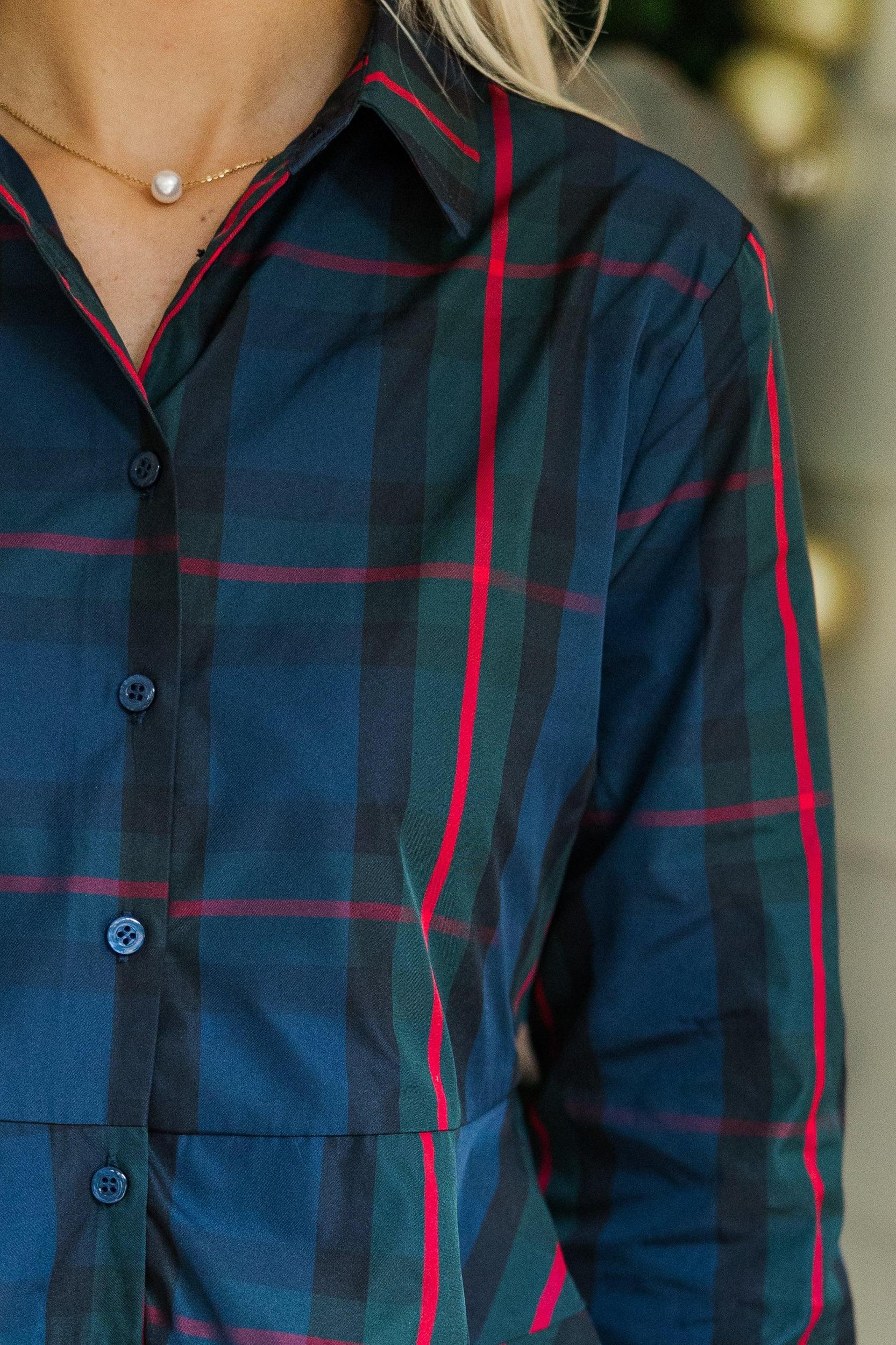 In Control Navy Blue Plaid Button Down Blouse Female Product Image