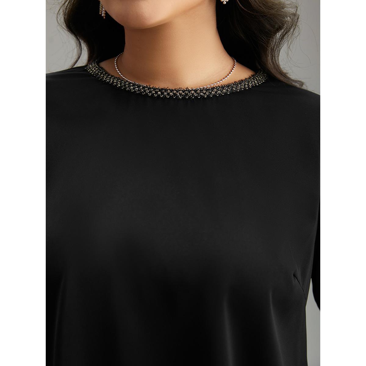 Plus Size Black Plain Contrast Webbing Crew Neck Blouse Women Office Long Sleeve Round Neck Work Blouses BloomChic 18-20/2X Product Image
