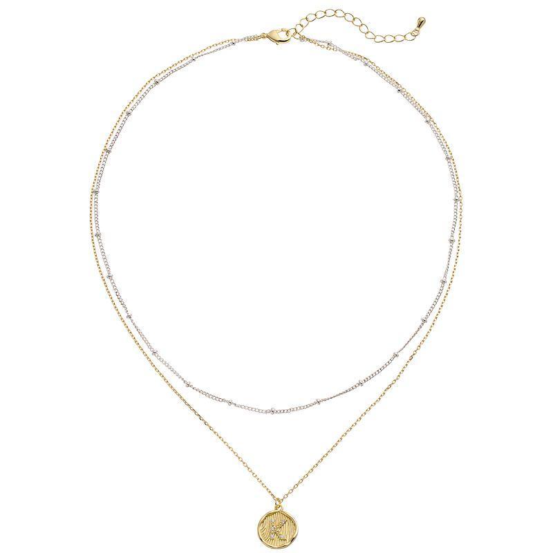 City Luxe Two Tone Layered Initial Disc Necklace with Cubic Zirconia, Women's, Size: 18", Two Tone S Product Image