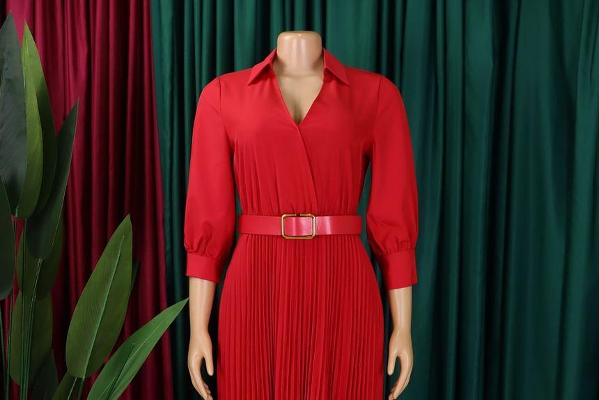 Plus Size Long Sleeve V-Neck Maxi Dress With Belt Product Image