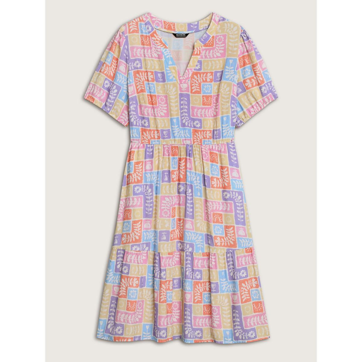 Plus Size Rayon Floral Collage Stretchy Waist Midi Dress Multicolor Women Flat collar with V-notch Short sleeve Curvy BloomChic 26/4X Product Image