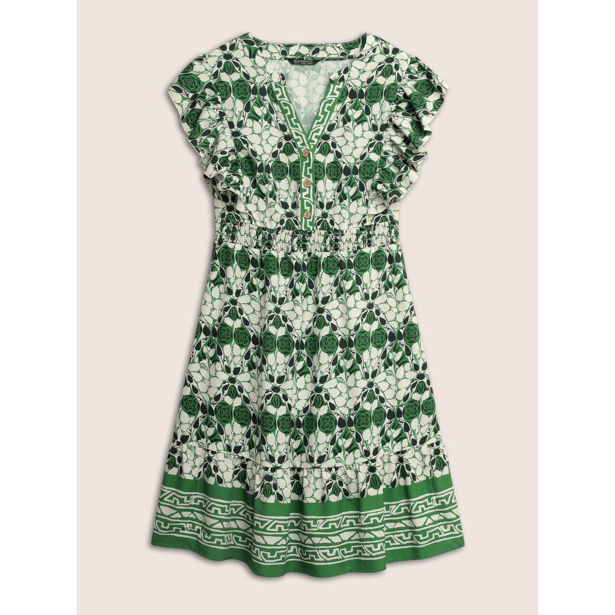 Plus Size Boho Print Ruffles Shirred Pocket Elastic Waist Dress Green Women Resort Non Notched collar Cap Sleeve Curvy Midi Dress BloomChic 14-16/1X Product Image