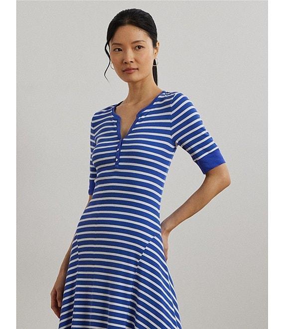 Lauren Ralph Lauren Knit Stripe Print Point Collar Elbow Sleeve Midi Dress Product Image
