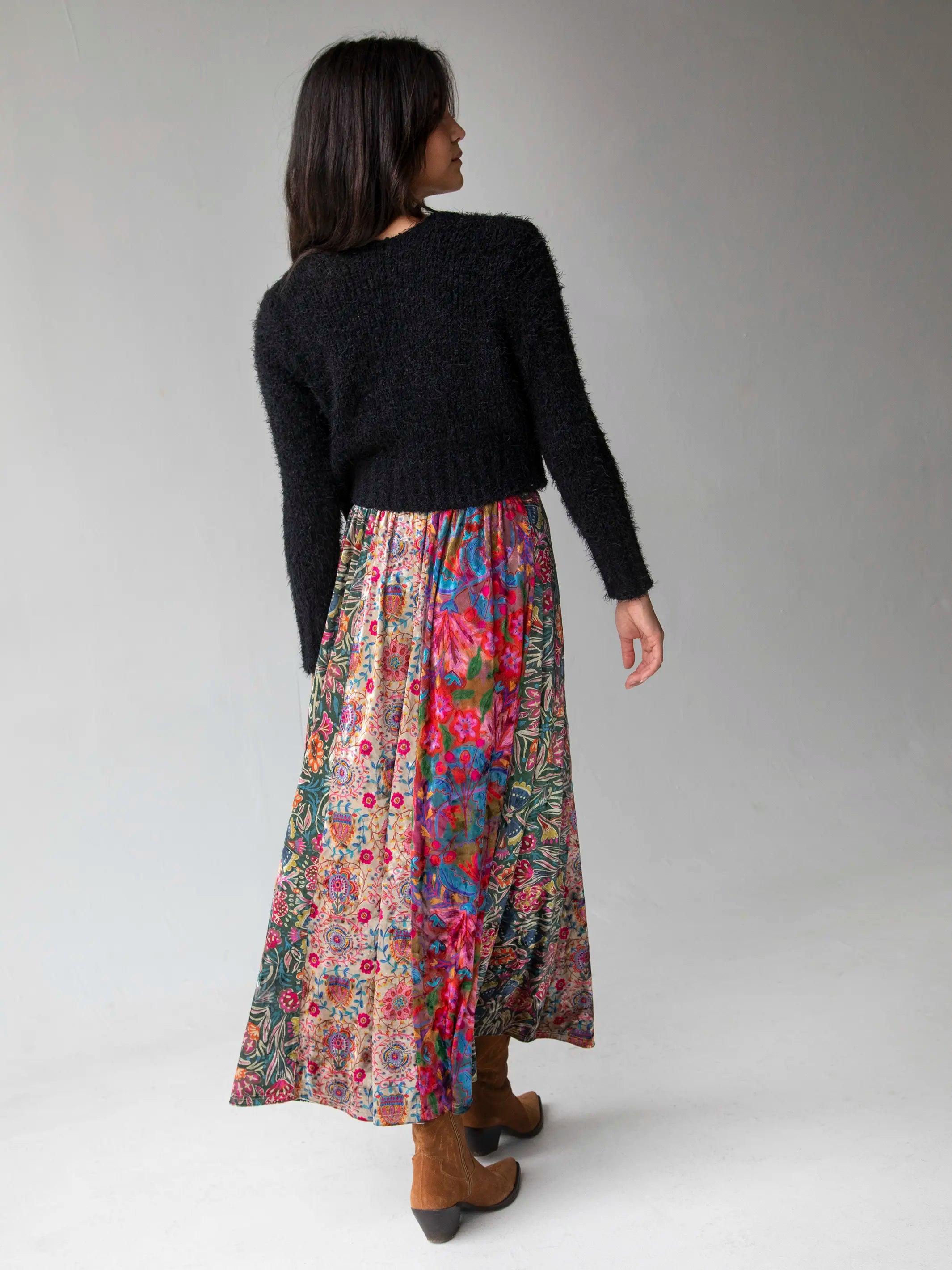 Valentina Velvet Maxi Skirt - Green Cream Red Mixed Floral Product Image