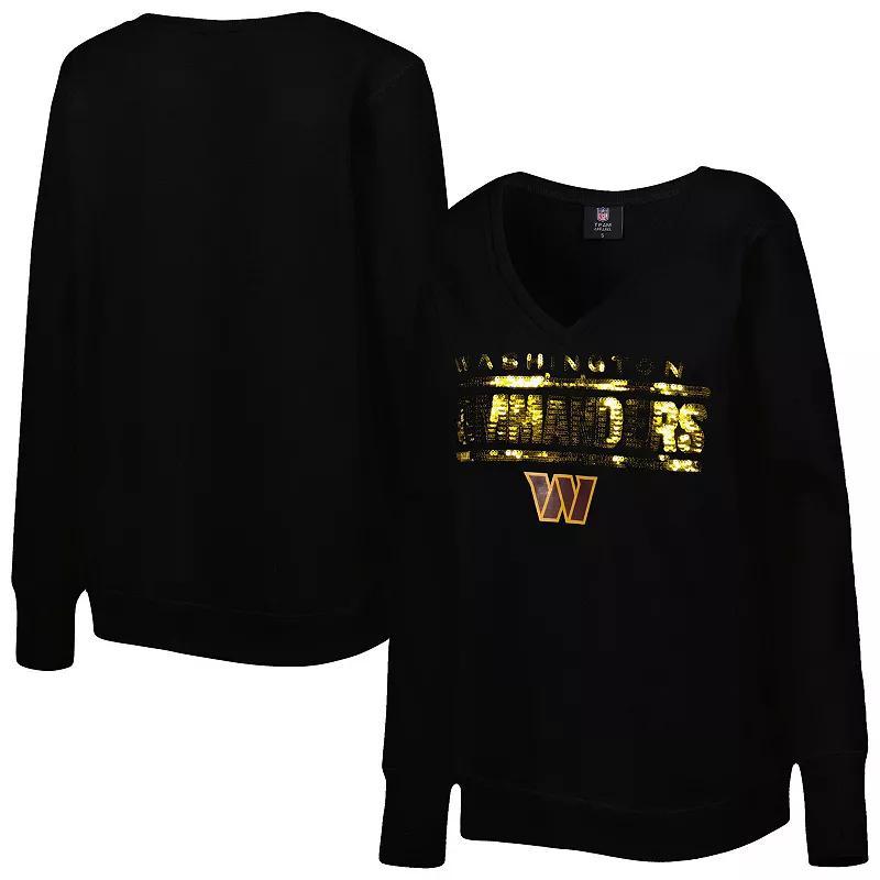 Women's Cuce Black Washington Commanders Sequin Logo V-Neck Pullover Sweatshirt, Size: Medium, Wft Black Product Image