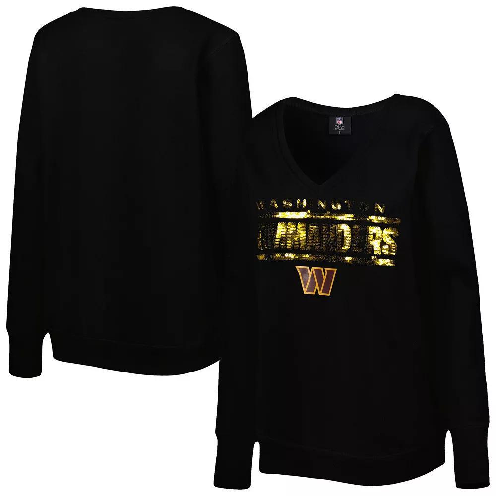 Women's Cuce Black Washington Commanders Sequin Logo V-Neck Pullover Sweatshirt, Size: Medium, Wft Black Product Image