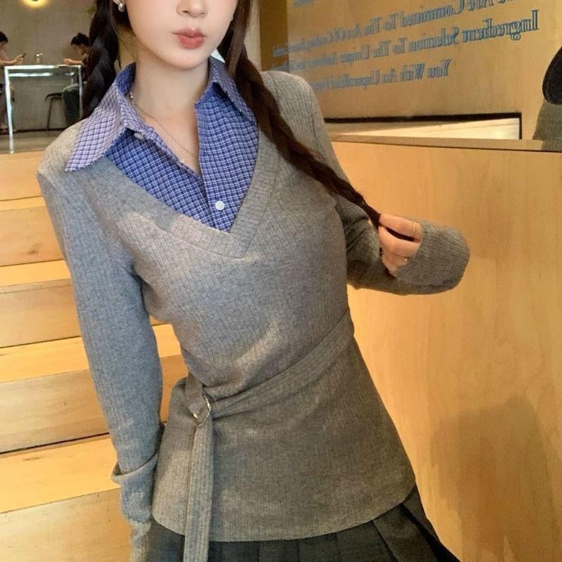 Long Sleeve Mock Two Piece Collar Plaid Paneled Tie-Waist Slim-Fit Knit Top Product Image