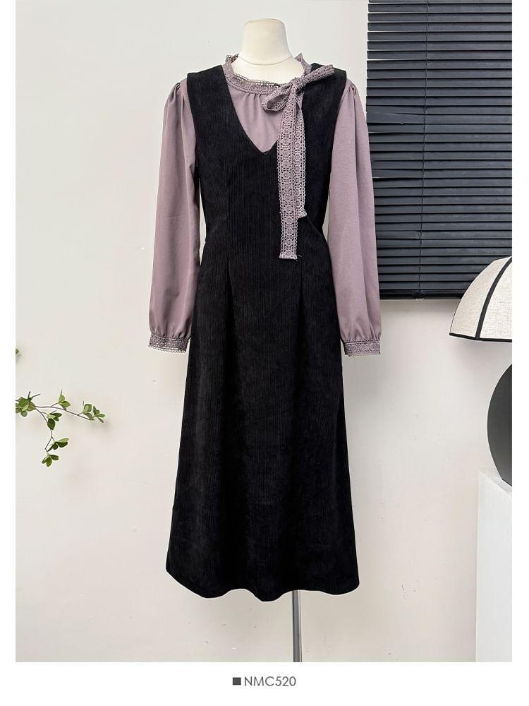 Set: Lace-Trim Loose Blouse + Sleeveless V-Neck Midi Dress with Sash Product Image