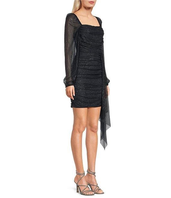 Pear Culture Long Sleeve Square Neck Glitter Power Mesh Sash Dress Product Image