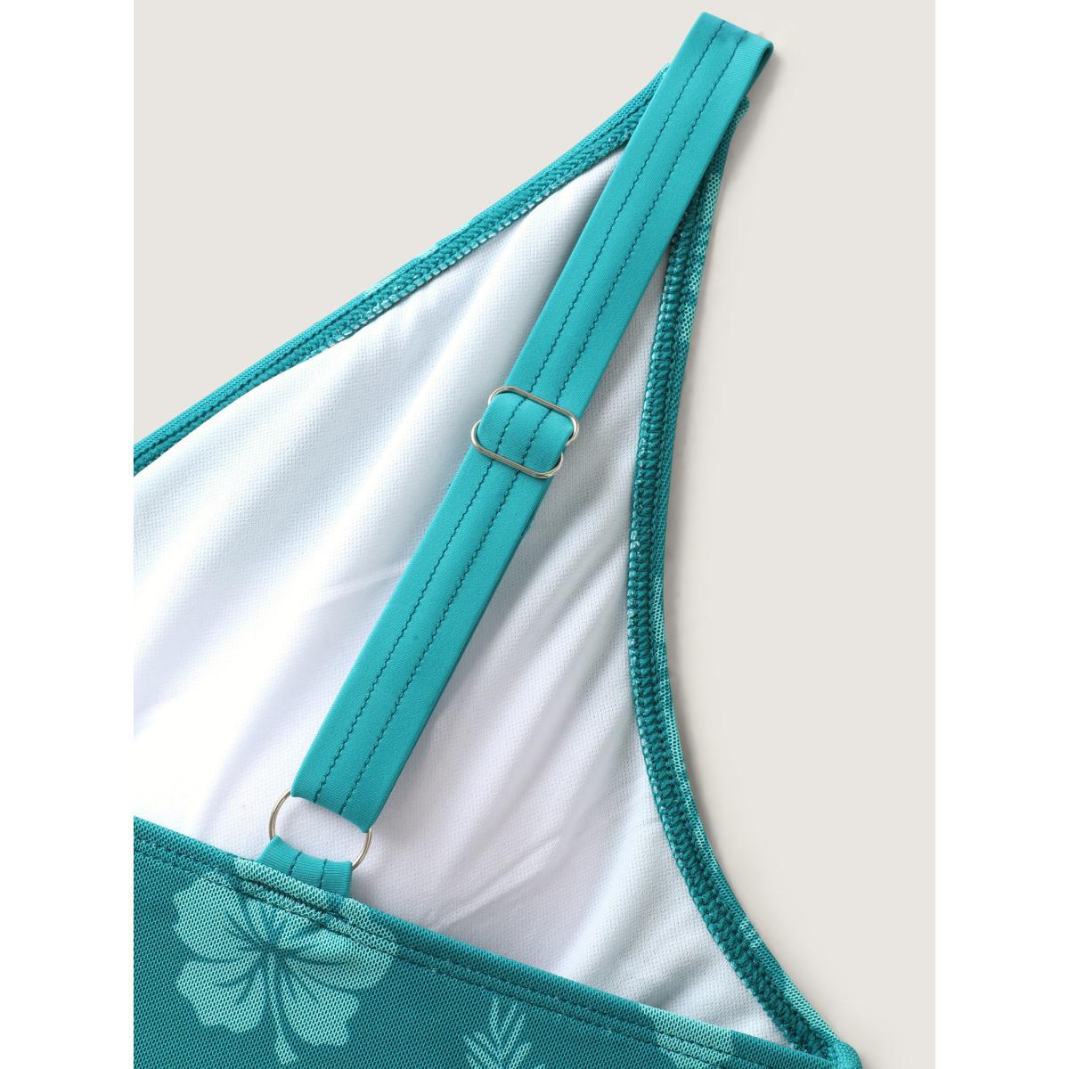 Plus Size Floral Mesh Surplice Swim Dress Women's Swimwear Teal Beach Bodycon Overlap Collar High stretch Curve Swim Dresses BloomChic 12/L Product Image