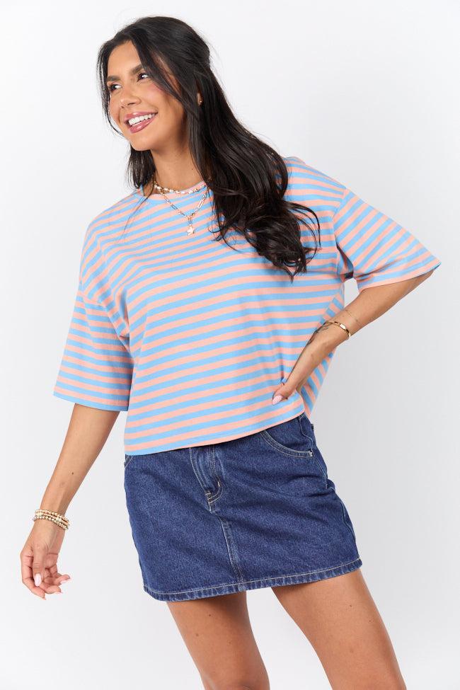 Keep It Casual Blue and Coral Multi Boxy Striped Tee SALE Product Image