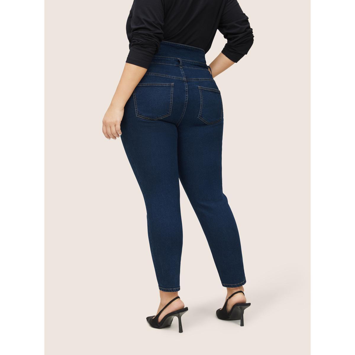 Plus Size Buckle Detail Shirred High Rise Jeans Women Indigo Casual Plain Non High stretch Slanted pocket Jeans BloomChic 10/M Product Image