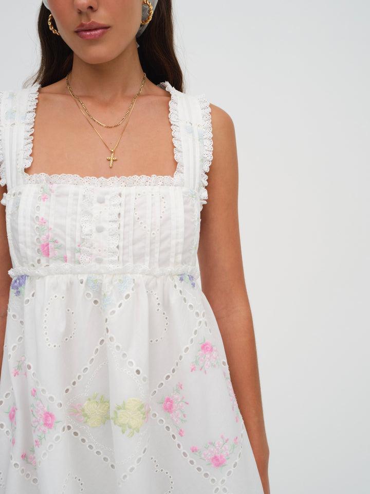 Andrea Embroidered Mini Dress — White Product Image