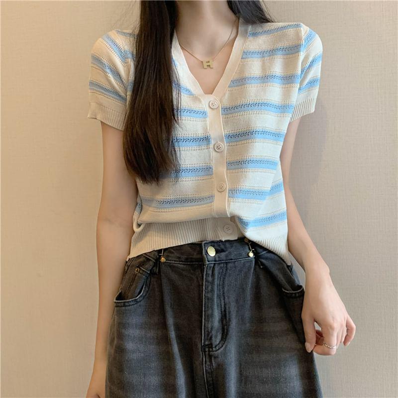 Short-Sleeve V-Neck Striped Cardigan Product Image