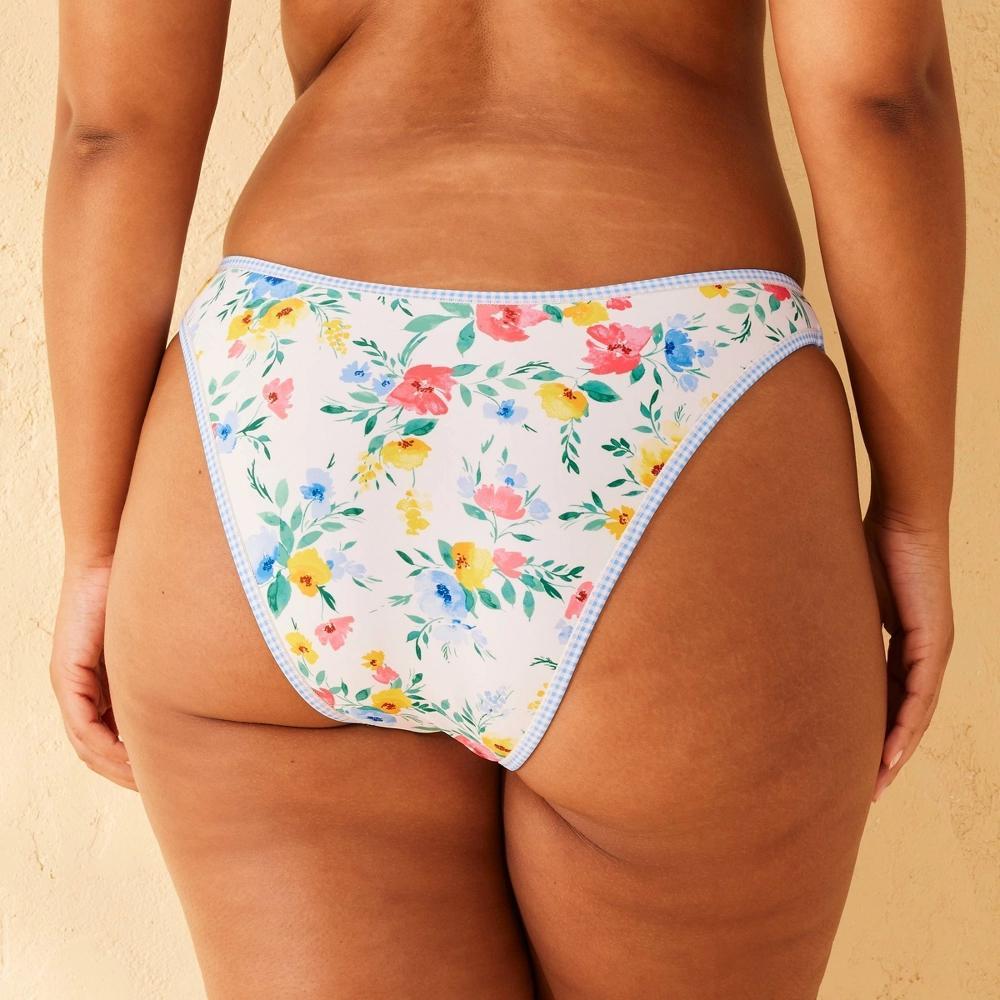 Women's Contrast Binding Mid-Rise Ultra High Leg Super Cheeky Bikini Bottom - Wild Fable™ Blue Floral Print XL: Recycled Polyester, Spandex Product Image