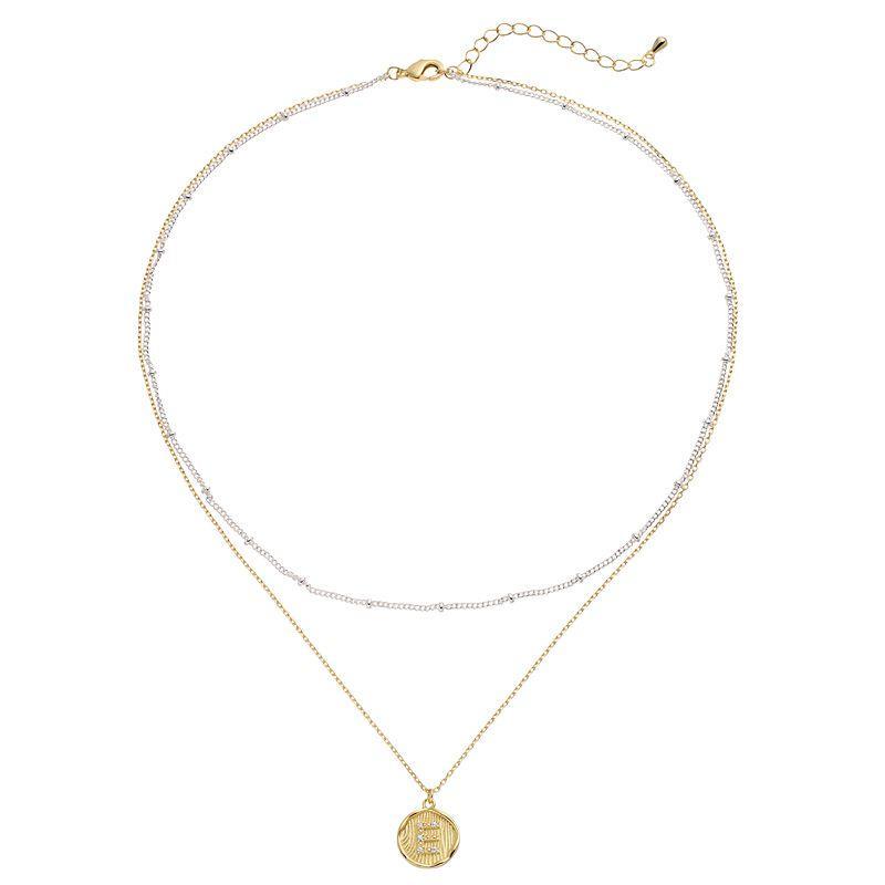 City Luxe Two Tone Layered Initial Disc Necklace with Cubic Zirconia, Women's, Size: 18", Two Tone S Product Image