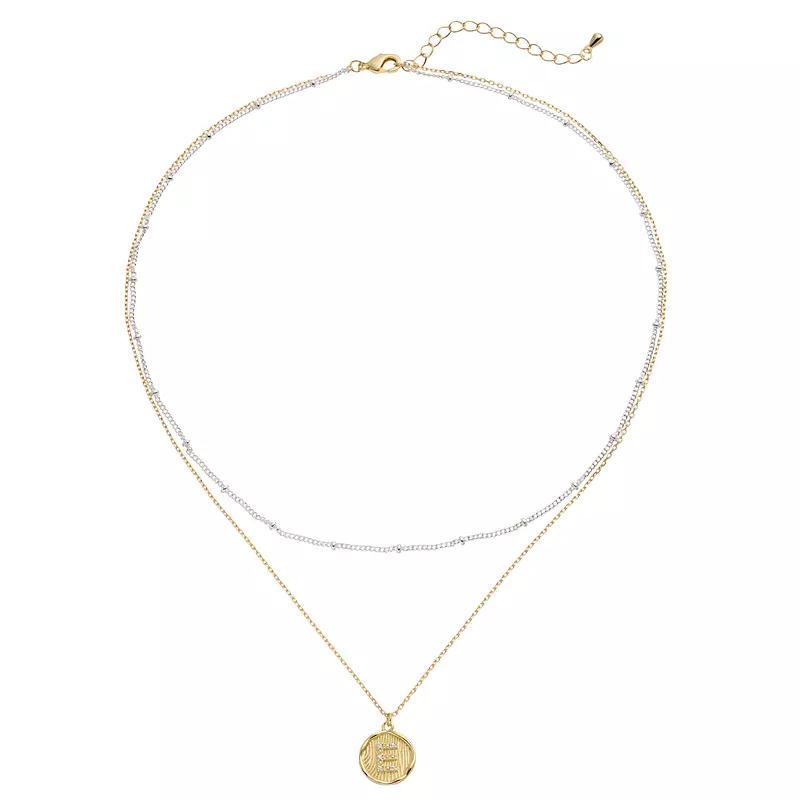 City Luxe Two Tone Layered Initial Disc Necklace with Cubic Zirconia, Women's, Size: 18", Two Tone S Product Image