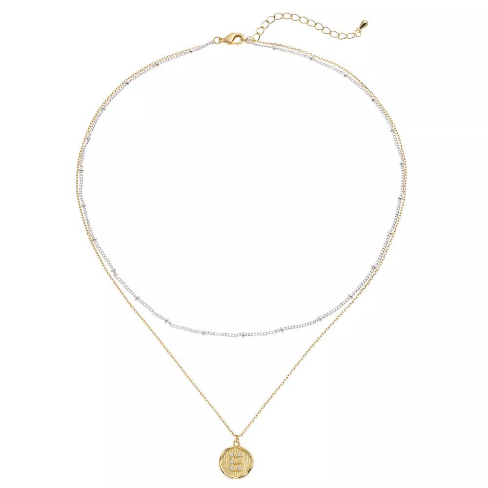 City Luxe Two Tone Layered Initial Disc Necklace with Cubic Zirconia, Women's, Size: 18", Two Tone S Product Image