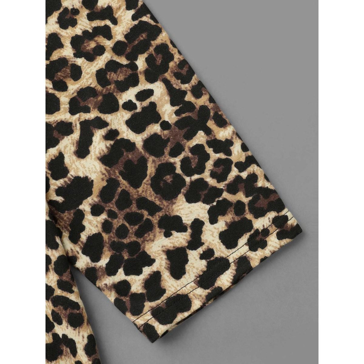 Plus Size Leopard Print Half Zipper Arc Hem T-shirt Leopard Women Casual Non Round Neck Loose Everyday T-shirts BloomChic 12/L Product Image