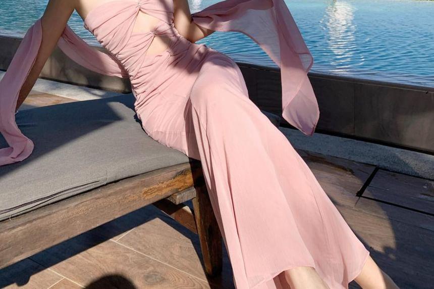Plain Cutout Ruched Maxi Mermaid Tube Dress Product Image