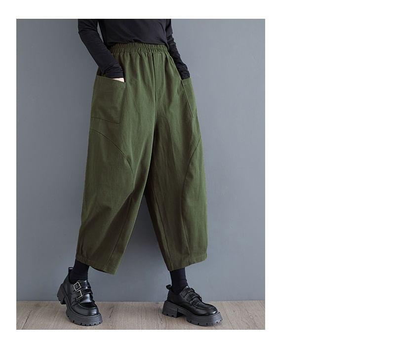 Elastic Waist Plain Cropped Baggy Pants Product Image