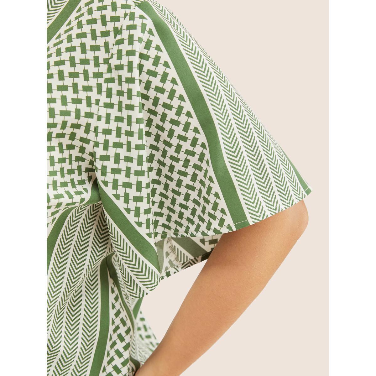 Plus Size Moss Geometric Contrast Ruffle Sleeve Wrap Blouse Women Resort Short sleeve Overlap Collar Vacation Blouses BloomChic 30/6X Product Image