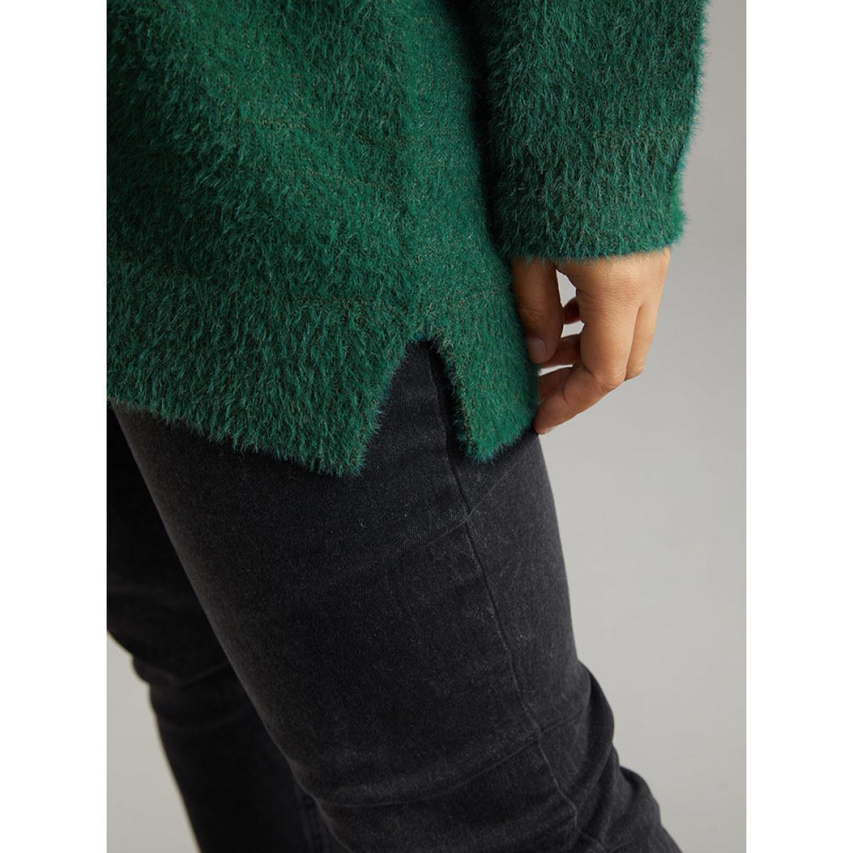 Plus Size Fuzzy Solid Split Side Patchwork Pullover DarkGreen Women Casual Loose Long Sleeve V-neck Dailywear Pullovers BloomChic 18-20/2X Product Image