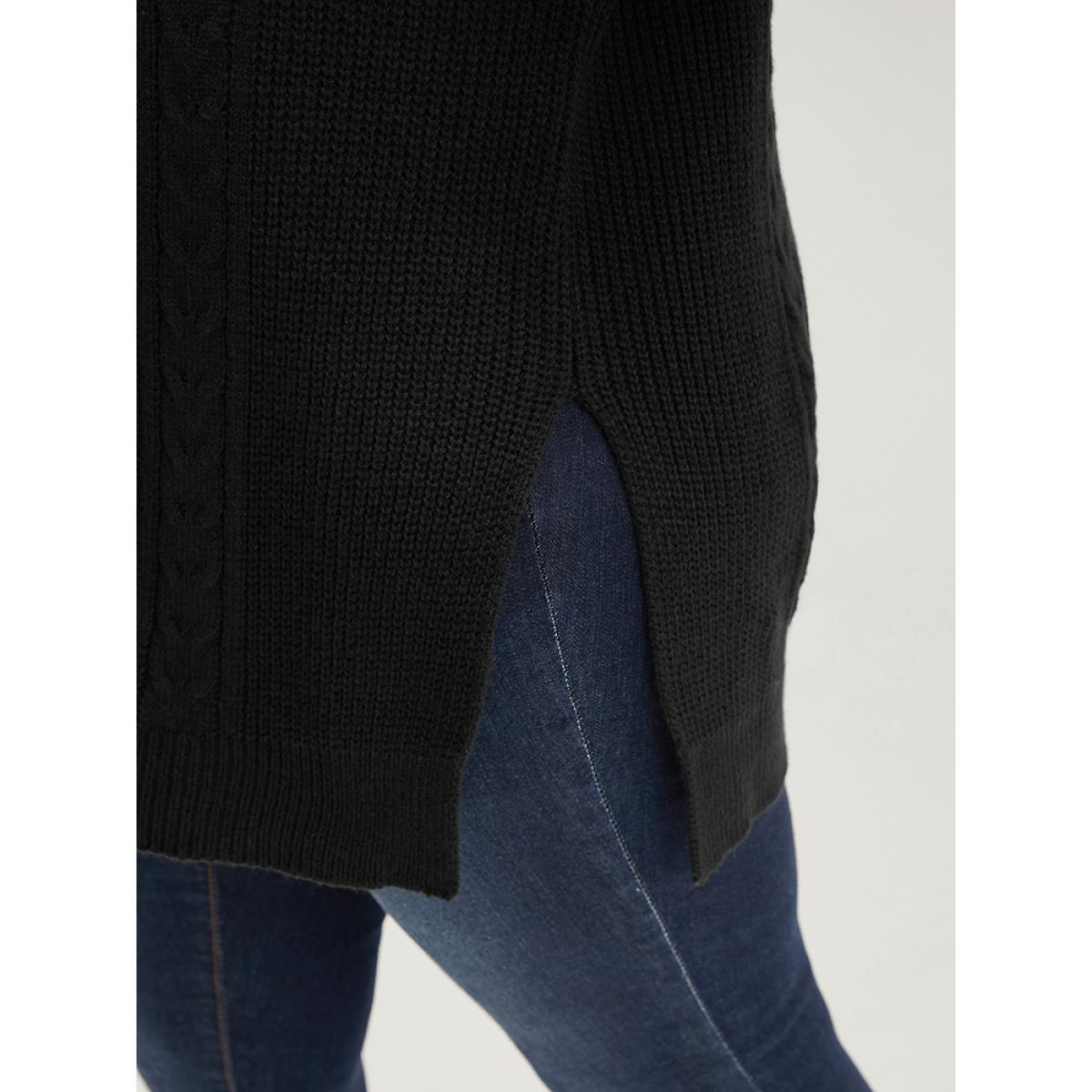 Plus Size Solid Pointelle Knit Lantern Sleeve Cut Out Split Knit Top Black Women Casual Loose Long Sleeve V-neck Dailywear Pullovers BloomChic 22-24/3X Product Image