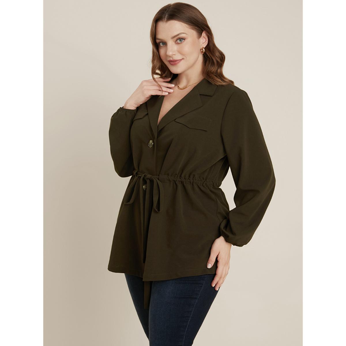 Plus Size ArmyGreen Solid Suit Collar Lantern Sleeve Button Up Drawstring Blouse Women Office Long Sleeve Suit Collar Work Blouses BloomChic 28/5X Product Image