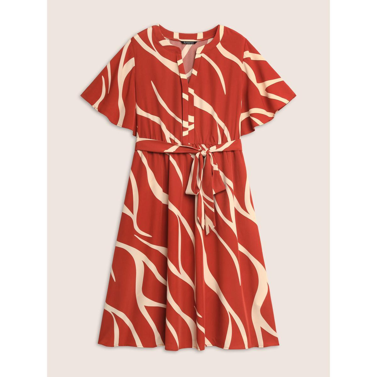 Plus Size Geometric Surplice Neck Tie Knot Midi Dress Rust Women At the Office Belted Flat collar with V-notch Short sleeve Curvy BloomChic 14-16/1X Product Image