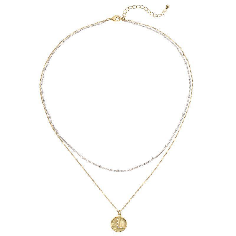 City Luxe Two Tone Layered Initial Disc Necklace with Cubic Zirconia, Women's, Size: 18", Two Tone S Product Image
