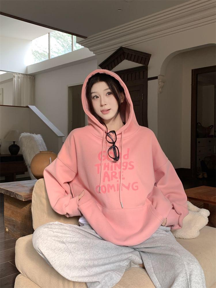 Lettering Print Drawstring Hoodie / High Waist Plain Velvet Maxi A-Line Skirt Product Image