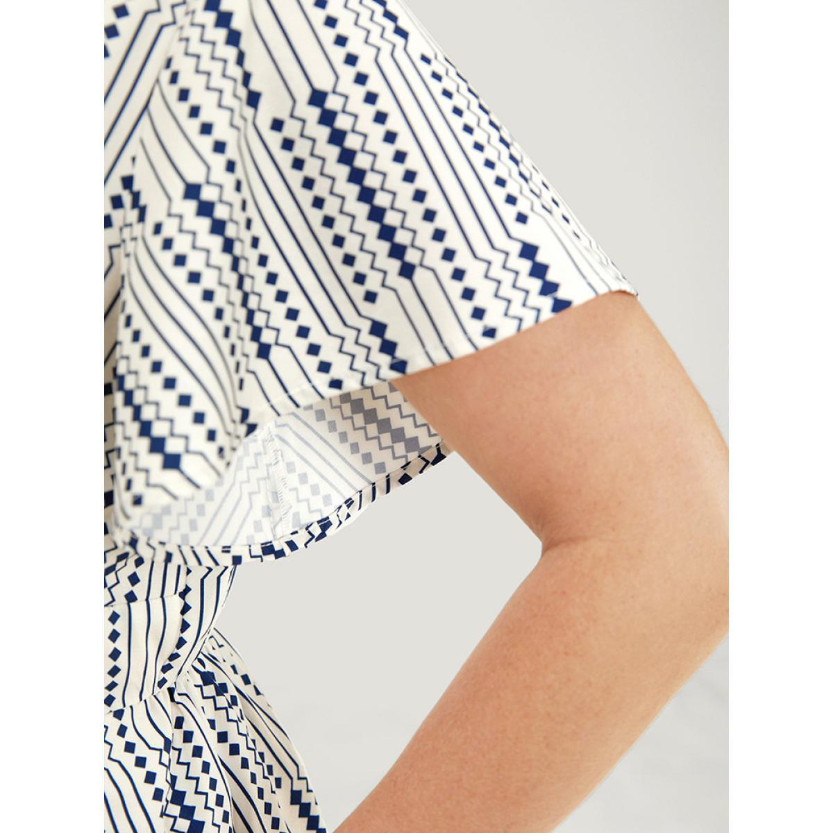 Plus Size Geometric Print Button Detail Pocket Ruffle Sleeve Dress Blue Women Elegant Elastic Waist V-neck Short sleeve Curvy Midi Dress BloomChic 22-24/3X Product Image
